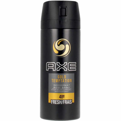 Jag Couture London New York Axe Gold Temptation 48h deodorant spray 150ml bottle with gold accents and spray nozzle.