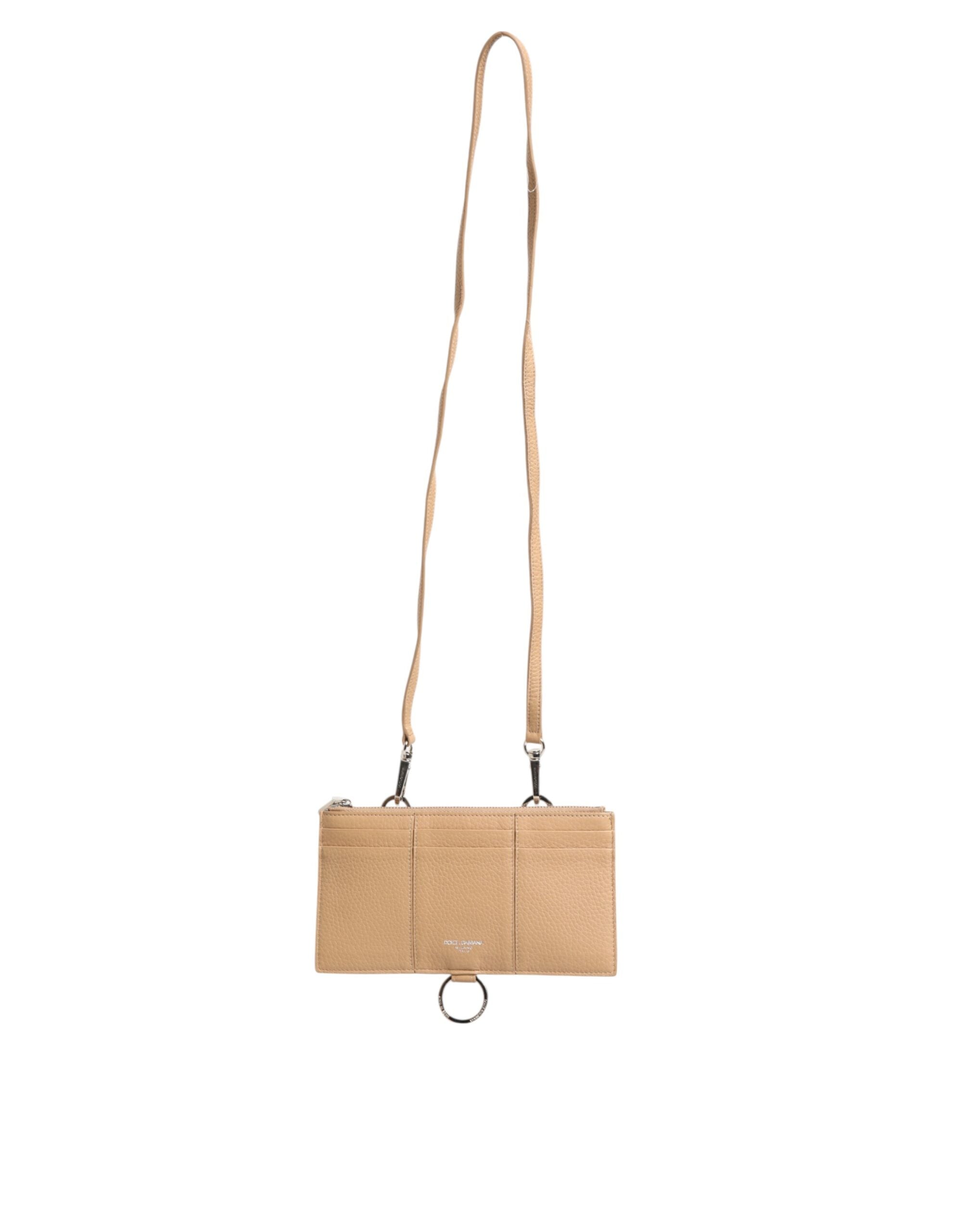 Beige Calfskin Leather Large Crossbody Card Holder Wallet