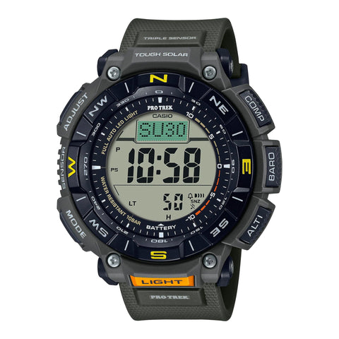 Casio X093_PRG-340-3ER digital watch with black strap and silver dial, featuring multiple functions and a sleek design.