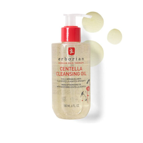 Erborian Centella Cleansing Oil in 180ml bottle, featuring a sleek design and clear label for gentle skin cleansing.