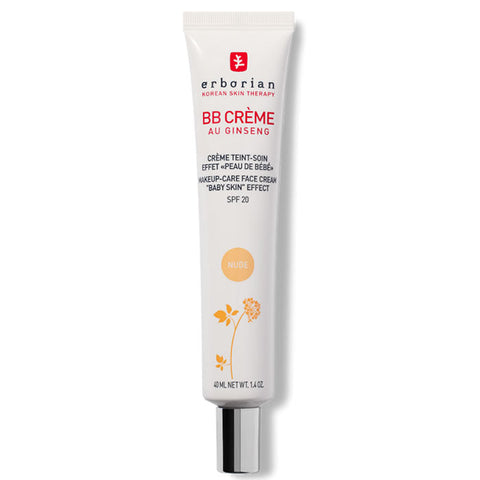 Erborian BB Crème Au Ginseng Nude SPF 20, 40ml, in a sleek tube with a beige cap, ideal for natural-looking skin.