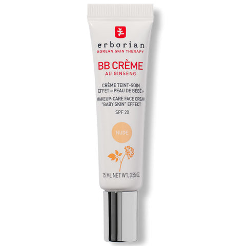 Erborian BB Crème au Ginseng Nude SPF 20 in 15ml tube, showcasing the beige-colored cream in a sleek container.