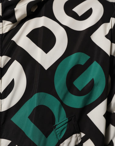 Black White Logo Print Hooded Coat Men Jacket