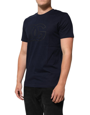 Dark blue cotton T-shirt with Dolce & Gabbana logo print for men, featuring a casual fit and stylish design.