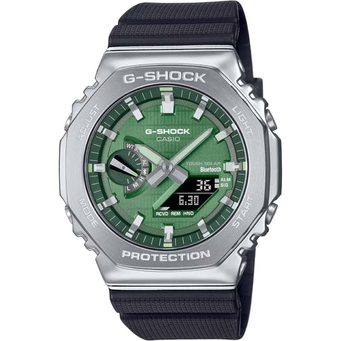 Casio G-Shock GB-2100A-1A3ER digital watch with black band and display, featuring robust design and multiple function buttons.