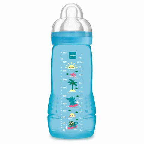 Blue Mam Easy Active baby bottle with 330 ml capacity, designed for 4 months and older, by Jag Couture London - New York.