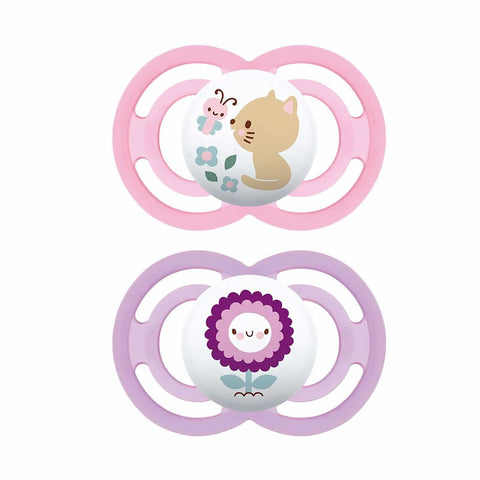 Jag Couture London pink Mam Pacifier Perfect 16+ silicone, two-pack, designed for babies aged 16 months and older.