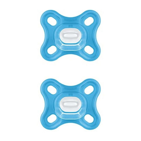 Jag Couture London baby pacifiers for ages 0+ in blue, featuring two Mam Comfort Pacifiers with soft silicone nipples.