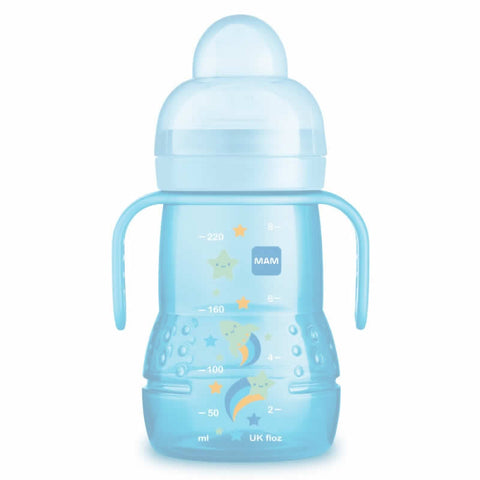 Jag Couture London baby bottle Mam Trainer Glass 220ml in blue for babies 4 months and older, with a clear view of the bottle and cap.