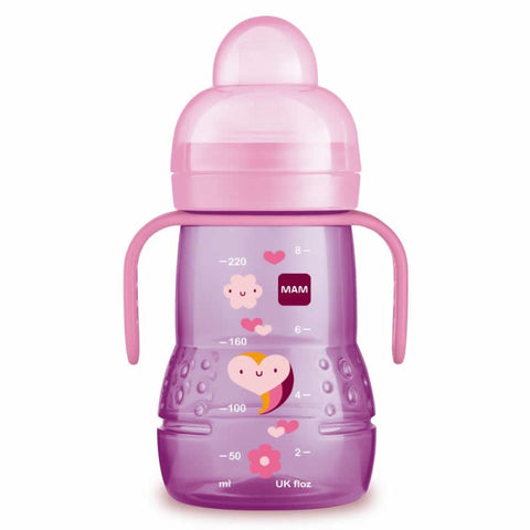 Pink Mam Trainer Glass Baby Bottle 220ml for 4 months and older, by Jag Couture London New York.