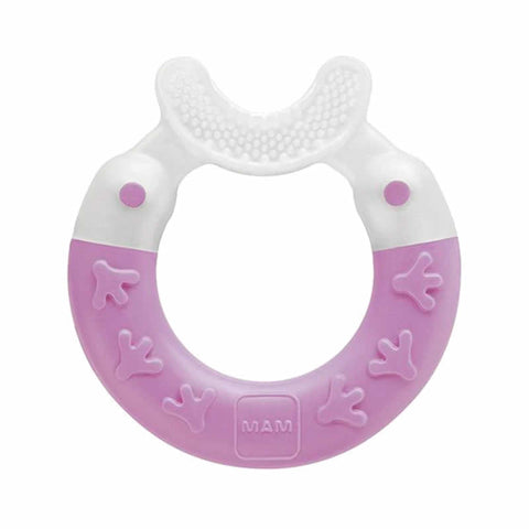 Jag Couture London pink Mam Bite & Brush baby teething toy with soft bristles and textured grip for soothing teething discomfort.