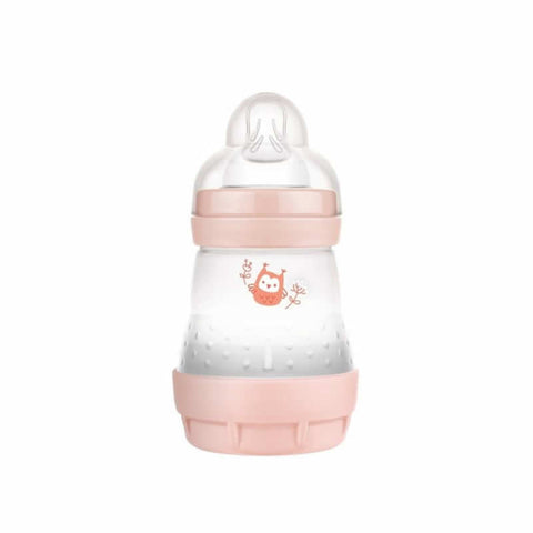 Pink Mam Baby Bottle Easy Start Anti-Colic 160ml for 0+ months, featuring a clear measurement scale and ergonomic design.