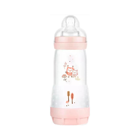 Pink Mam Easy Start anti-colic baby bottle with 260ml capacity, featuring a silicone nipple and ergonomic design, by Jag Couture London.
