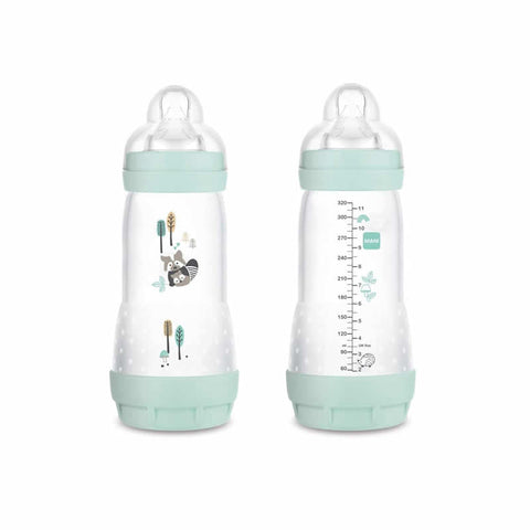 Jag Couture London New York Mam Easy Start anti-colic baby bottle, 320ml, blue, suitable for 4 months and older.