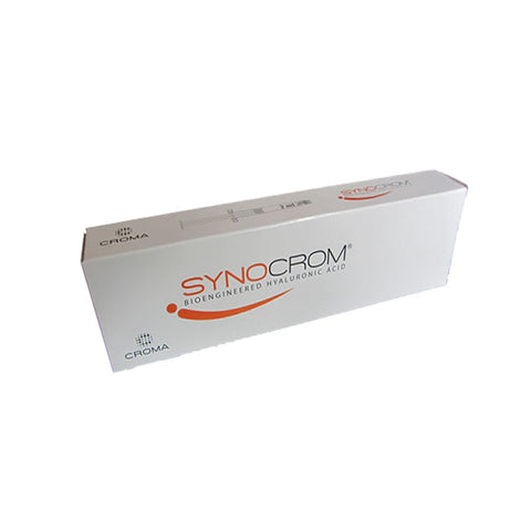 Synocrom 1 syringe with 2ml of hyaluronic acid, displayed in a medical syringe from Jag Couture London - New York.