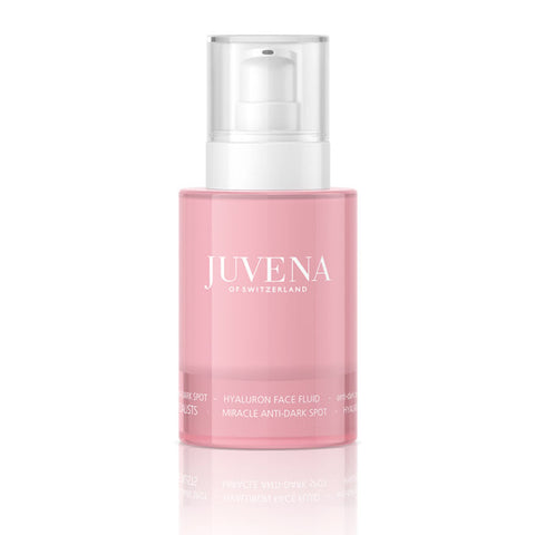 Juvena Miracle Anti Dark Spot Hyaluron Face Fluid in 50ml bottle, featuring clear packaging and applicator for skincare treatment.