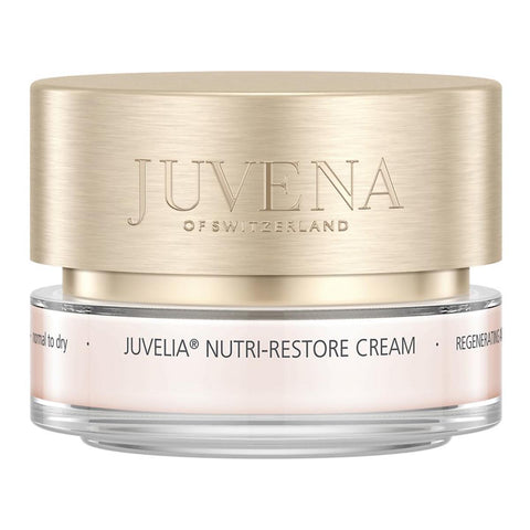 Juvena Juvelia Nutri Restore Cream 50ml jar with a sleek, elegant design, showcasing a luxurious skincare product from Jag Couture London.
