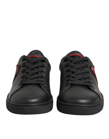Black Leather Crystal Heart Low Top Sneakers  Shoes