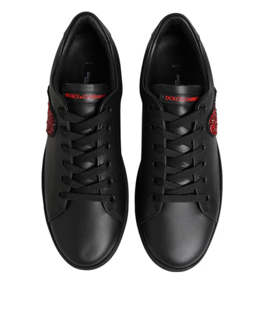 Black Leather Crystal Heart Low Top Sneakers  Shoes