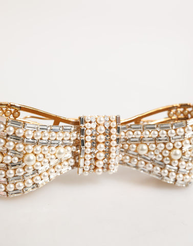 Gold Brass Glas Crystal Faux Pearl Embellished Brooch