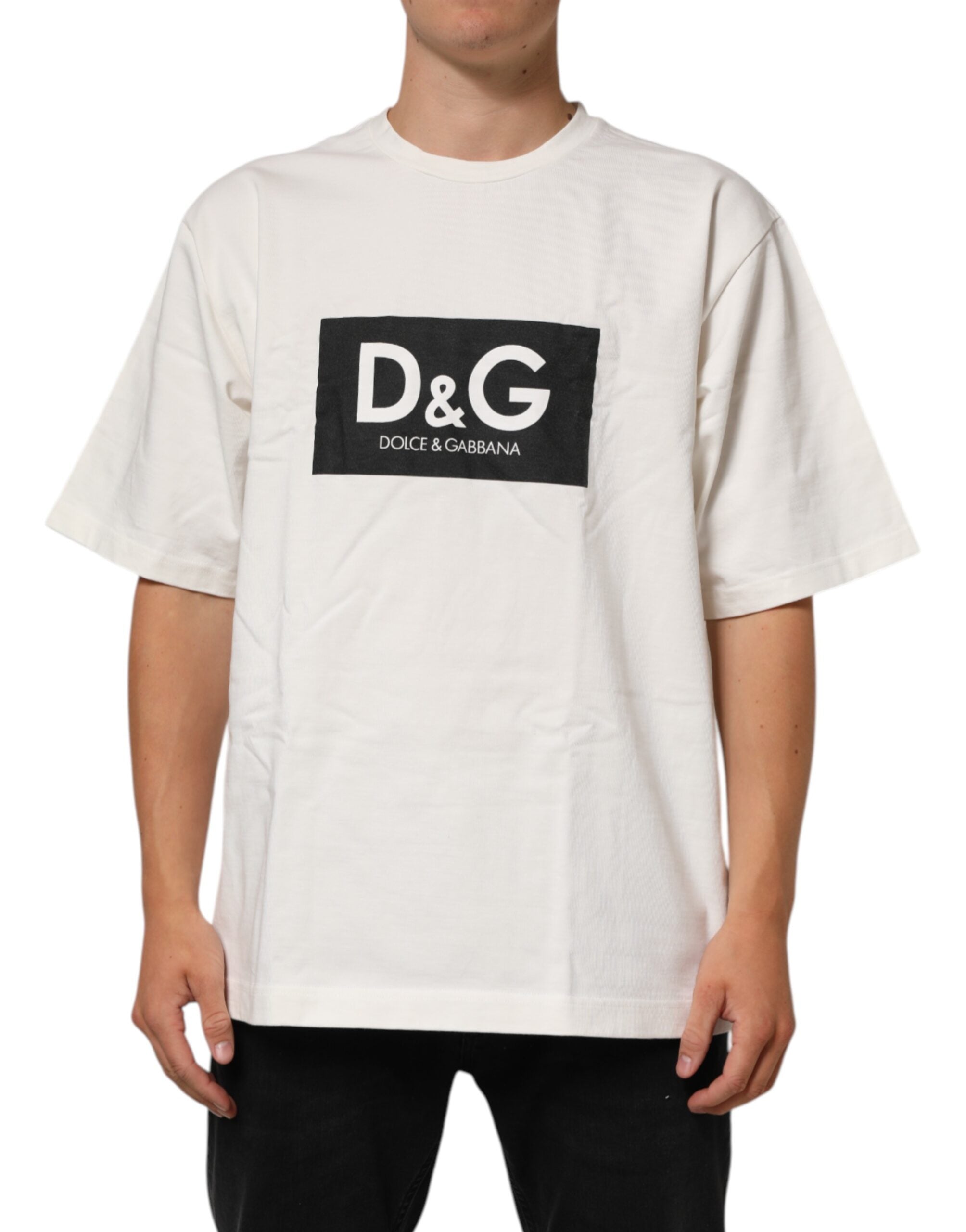 White Logo Print Cotton Crew Neck Men T-shirt
