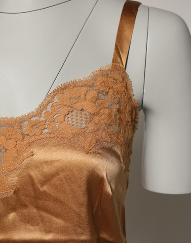 Brown Floral Lace Silk Satin Tank Lingerie Underwear