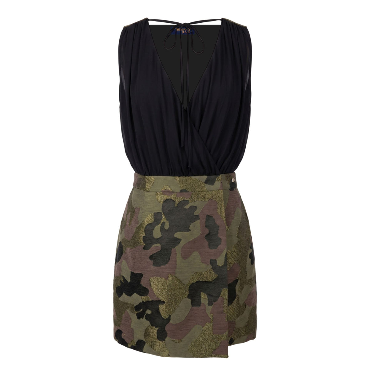 Camouflage Trussardi jeans with distressed details, slim fit, and branded leather patch, showcased in a high-quality fashion image.
