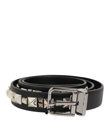 Black Leather Studded Silver-Tone Buckle Belt