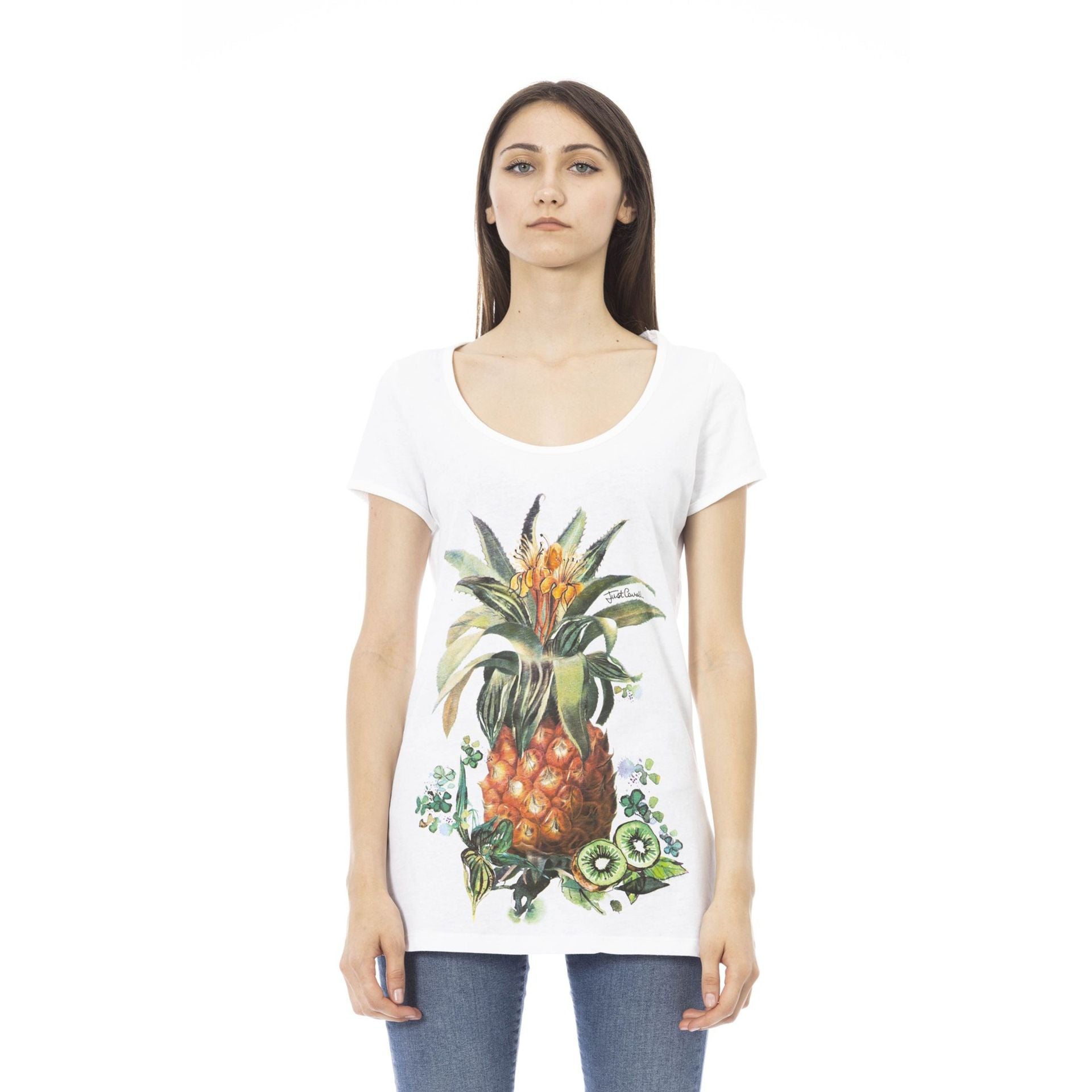 Just Cavalli beachwear L44151GRBC white and orange swimsuit with bold pattern, displayed on a mannequin.