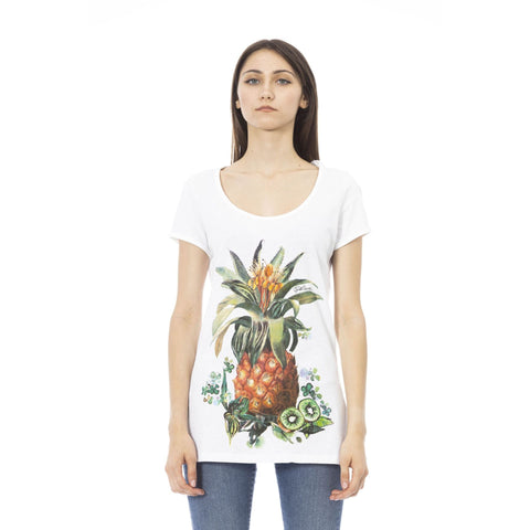 Just Cavalli beachwear L44151GRBC white and orange swimsuit with bold pattern, displayed on a mannequin.