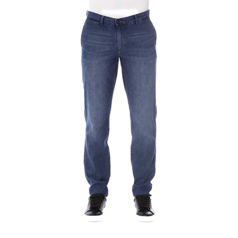Blue Trussardi jeans with a classic fit, displayed on a hanger with visible stitching and leather patch, from Jag Couture London.