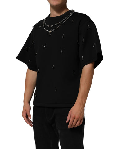 Black Polyester Necklace Embellished T-shirt