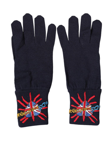 Blue Wool Knit #DGLovesLondon Embroidered Mitten Gloves