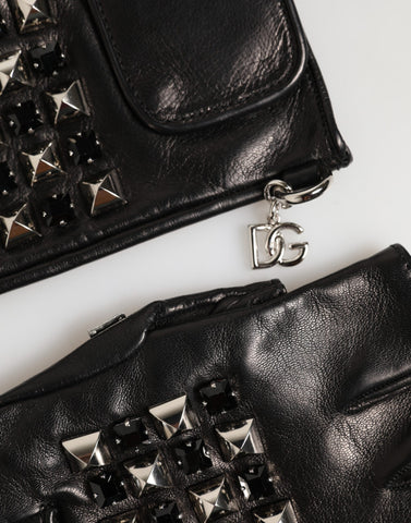 Black Leather Studded Fingerless Hand Mitten Men Gloves
