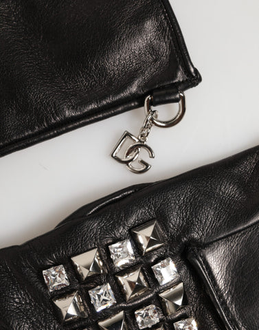 Black Leather Studded Fingerless Hand Mitten Men Gloves
