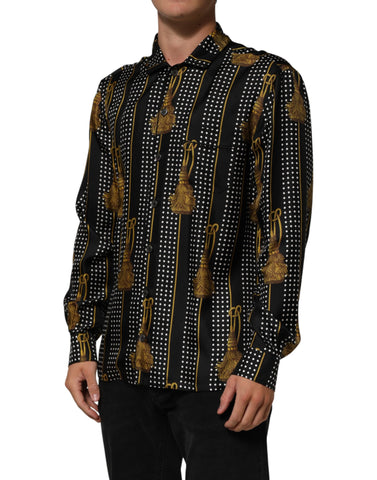 Black Dotted Tassel Silk Button Down Shirt