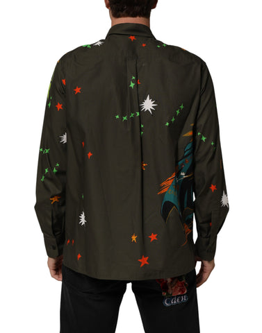 Green Superhero Print Button Down Shirt