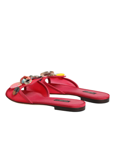 Red Embellished Flats Slip On Sandals Shoes
