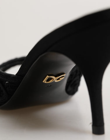 Black Embroidered Slip On Heels Slides Shoes