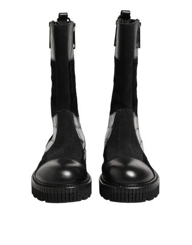 Black Patchwork Leather Mid Calf Boot  Shoes
