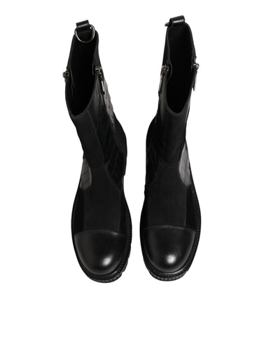 Black Patchwork Leather Mid Calf Boot  Shoes