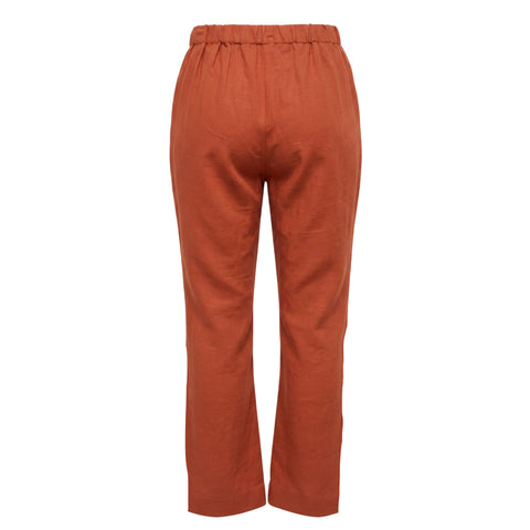 Brown Trussardi jeans with classic fit, detailed stitching, and branded leather patch, displayed on a neutral background.
