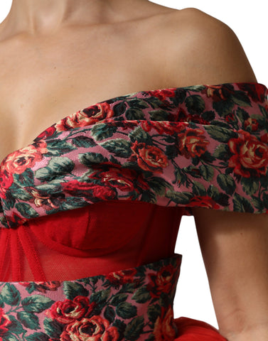 Red Floral Off Shoulder A-line Gown Dress