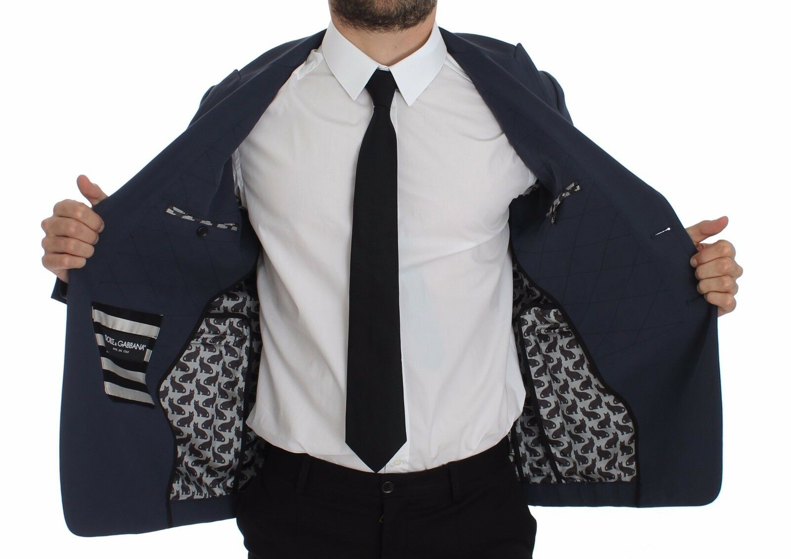 Blue cotton stretch casual blazer by Dolce & Gabbana, tailored fit with lapel collar and button closure, shown on a hanger.