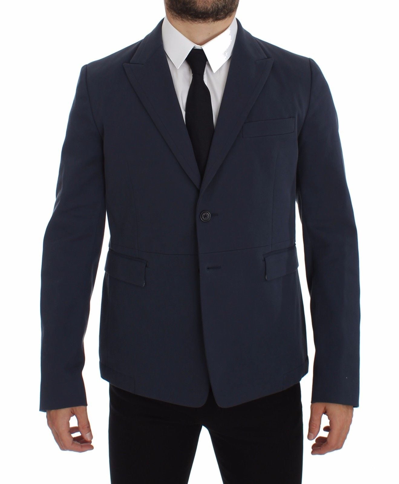 Blue cotton stretch casual blazer by Dolce & Gabbana, tailored fit with lapel collar and button closure, shown on a model.