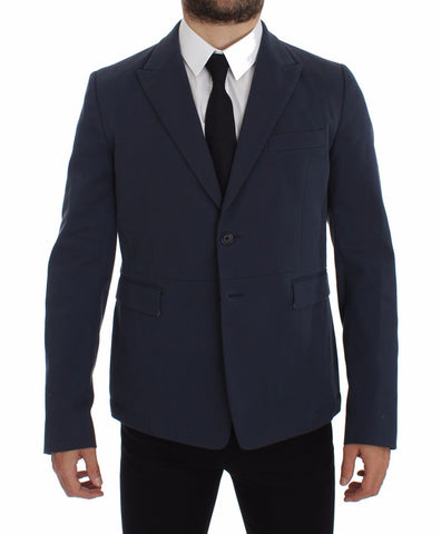 Blue cotton stretch casual blazer by Dolce & Gabbana, tailored fit with lapel collar and button closure, shown on a model.