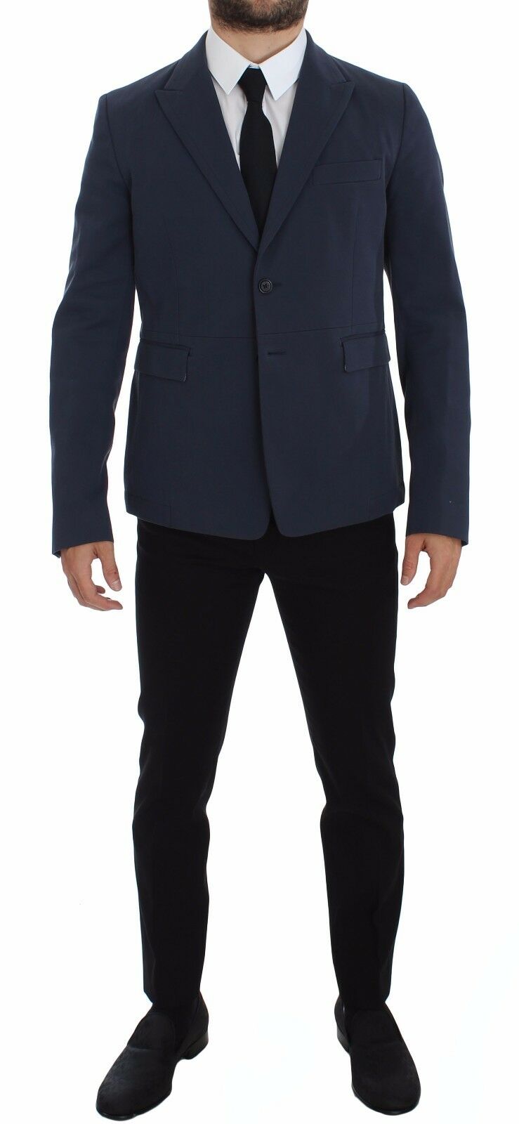 Blue cotton stretch casual blazer by Dolce & Gabbana, tailored fit with lapel collar and front buttons, styled for everyday wear.
