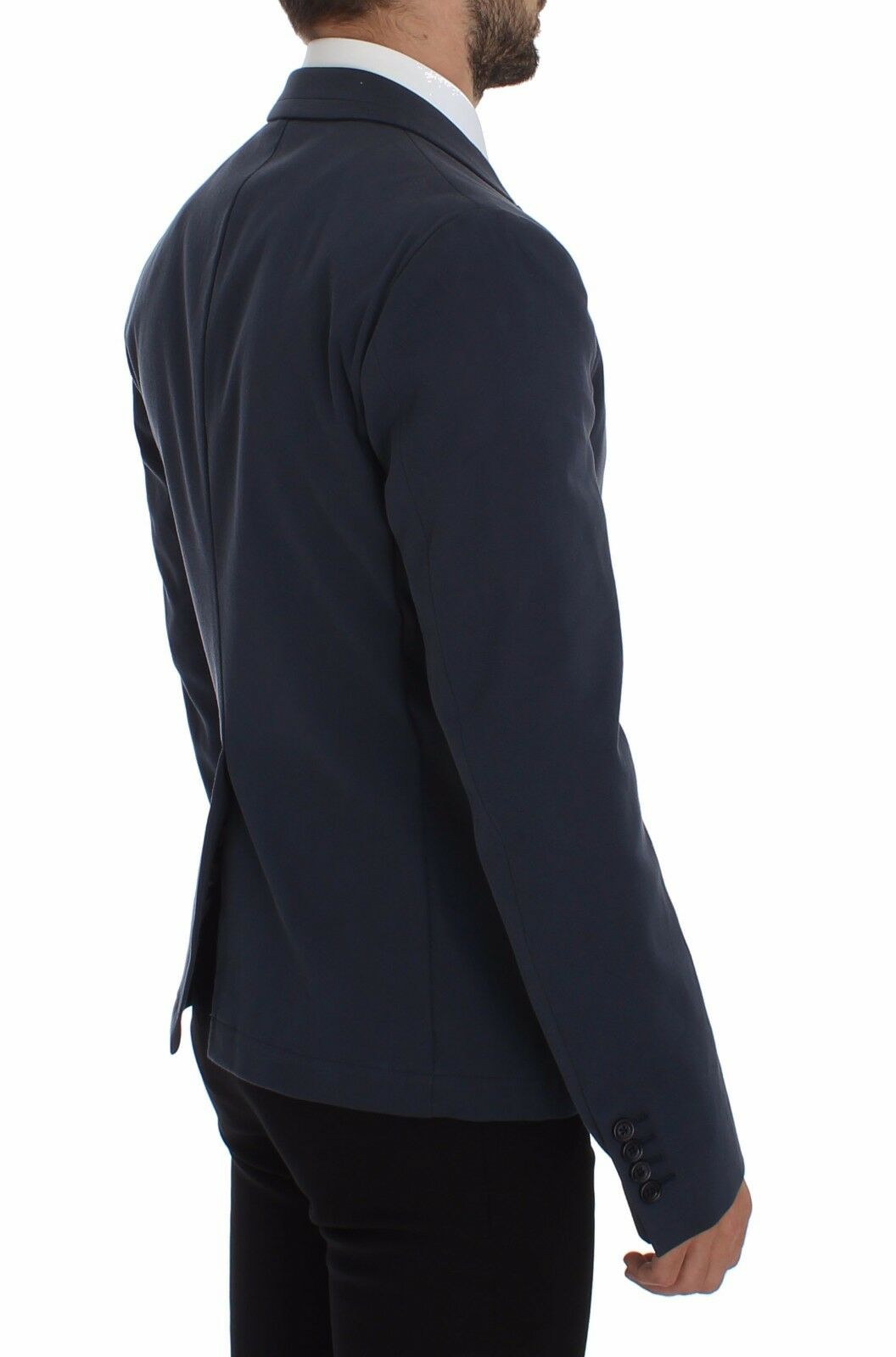 Blue cotton stretch casual blazer by Dolce & Gabbana, tailored fit with lapel collar and front buttons, shown on a model.
