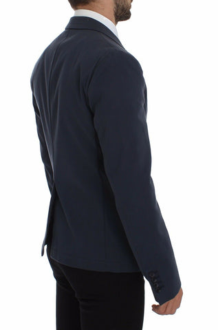 Blue cotton stretch casual blazer by Dolce & Gabbana, tailored fit with lapel collar and front buttons, shown on a model.