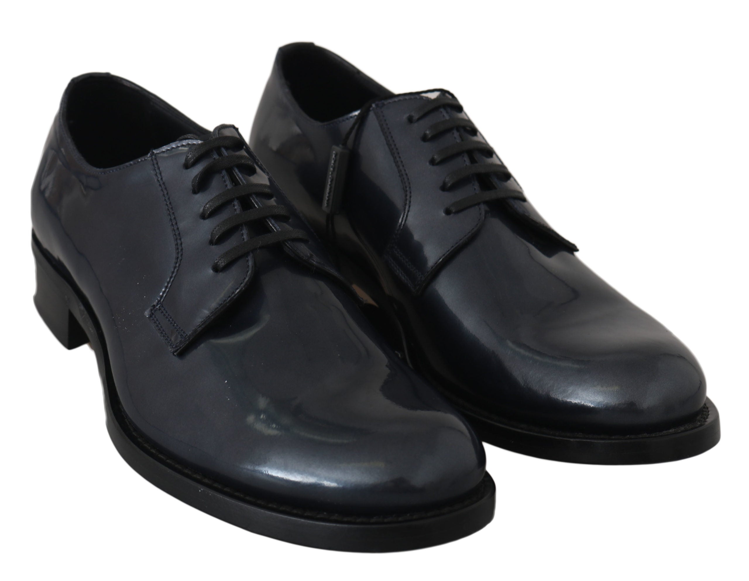 Blue leather Derby dress shoes by Dolce & Gabbana, featuring sleek design and polished finish on a formal footwear display.